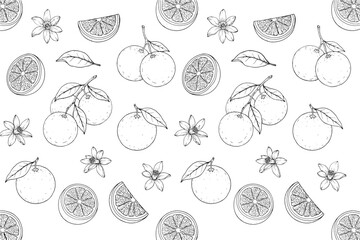 Hand drawn citrus orange seamless pattern vector illustration, vintage engraved whole fruit slice blossom background sketch © MdMajnur
