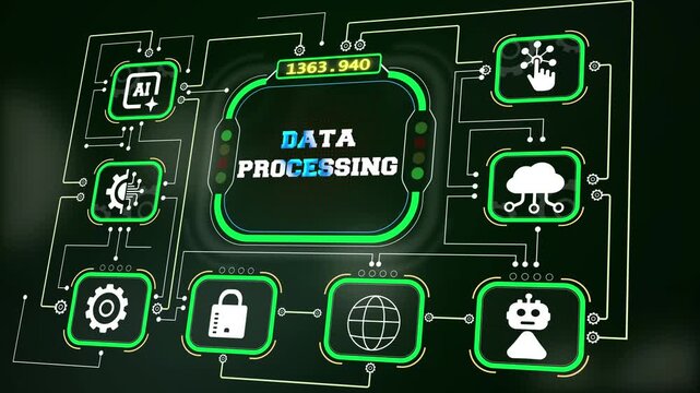 Algorithmic computation panel featuring text data processing on green glowing circuits, ideal visual asset for corporate database management clips