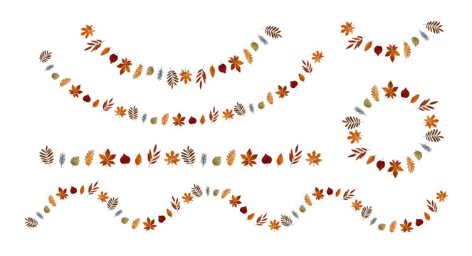 Autumn leaves garlands set. Hello fall. Herbarium. Forest. Leaves of various shapes and sizes. Maple, oak, birch, poplar, chestnut, rowan, willow. Different endless borders. Vector illustration.