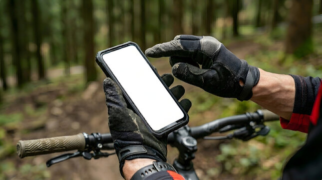 Mountain biker using smartphone with blank screen for trail map or fitness tracking app mockup