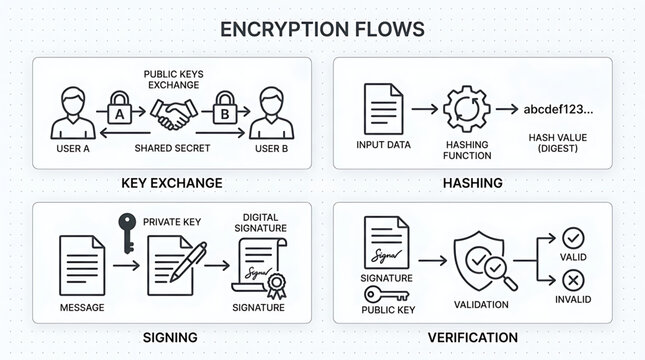 Encryption flows with key exchange and verification process for secure data transmission and signing