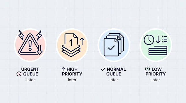 The image shows four priority queue icons on a light gray background with labels.