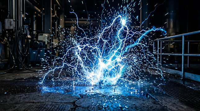 Electric blue spark energetic splash in industrial workshop area