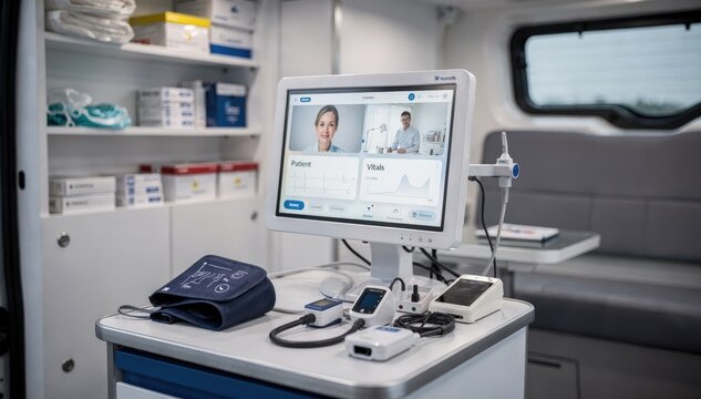 Inside a compact mobile telemedicine unit a clear view of a monitor and attached peripherals contrasts with the softly blurred medical supplies and seating area.