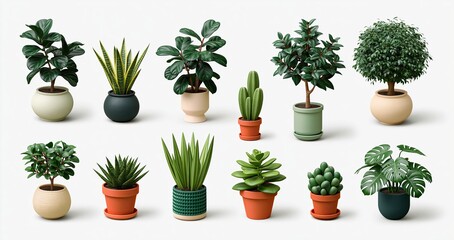 Fototapeta premium Indoor greenery collection showcasing modern potted plants and leafy trees ideal for sustainable branding and decor.