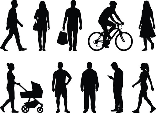 Black people silhouettes collection, set of 10 diverse human figures walking and standing, urban pedestrian vector icons for architectural rendering