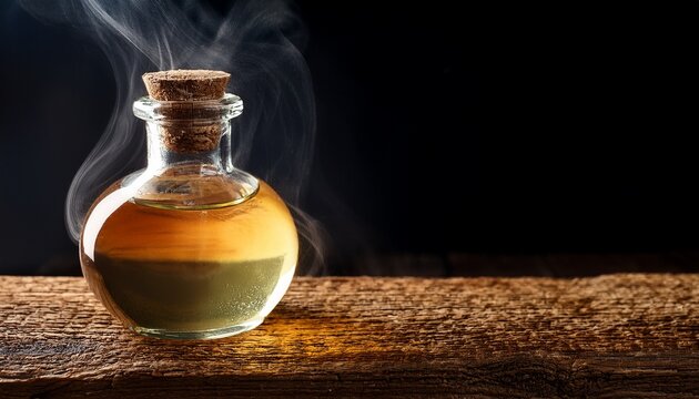 Glass Bottle With Golden Liquid And Cork Stopper Emitting Wisps Of Smoke On A Rustic Wooden Surf