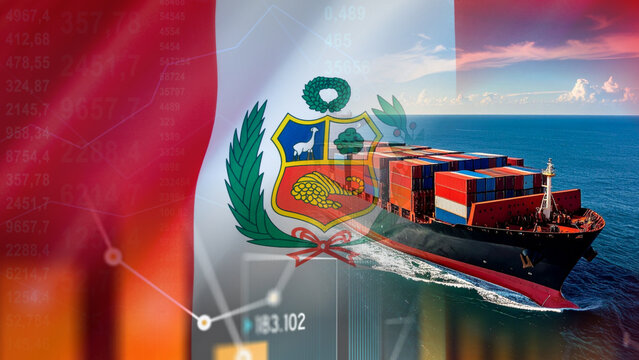 The Peruvian shipping industry and its trade activities, including import and export of goods. Illustrated with a container ship at sea, combined with a design of the national flag and a business data
