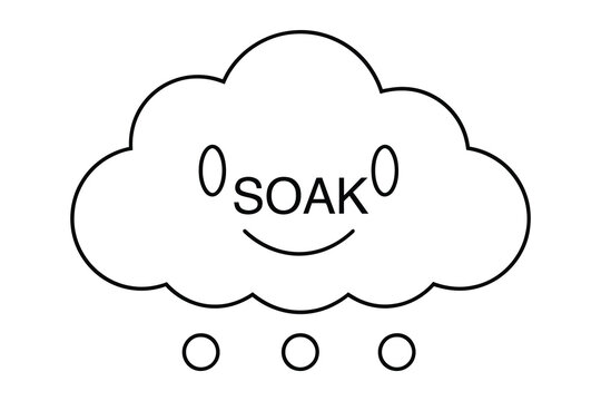 A smiling cloud with the word soak and raindrops on a white background