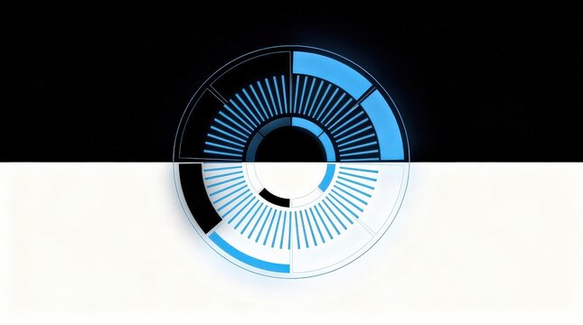 A futuristic circular digital interface with blue and black segments, resembling a progress or loading indicator on a split black and white background.