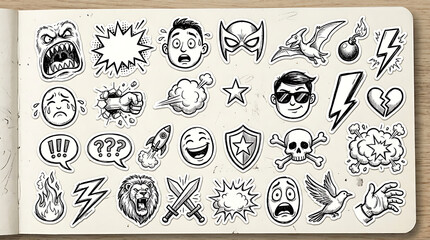 Fototapeta premium A vibrant illustration of various emoticons and symbols arranged on a page.