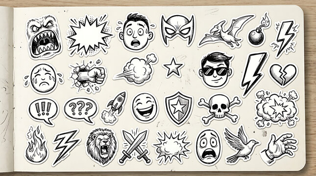 A vibrant illustration of various emoticons and symbols arranged on a page.