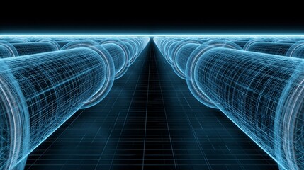 Fototapeta premium Futuristic data conduits glow blue against dark grid backdrop, hinting high-tech infrastructure