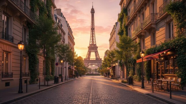A picturesque Paris street at sunset with the Eiffel Tower in the background, framed by classic buildings and cozy outdoor cafes.