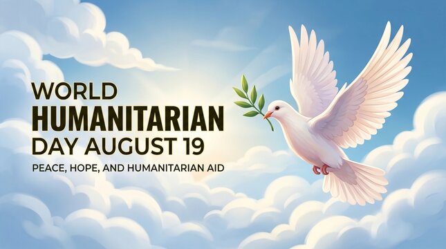 World Humanitarian Day August 19 banner, white dove of peace with olive branch, humanitarian aid and hope concept illustration