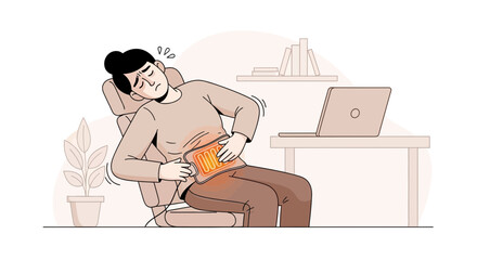 Fototapeta premium Woman Experiencing Pain While Working, Seeking Relief With Heat Pad Illustration