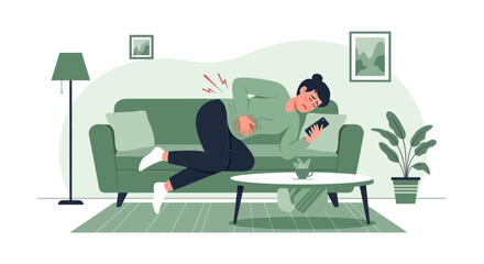 Fototapeta premium Woman Experiencing Pain While Using Phone At Home Depicting Healthcare And Sickness