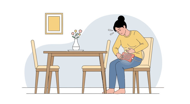 Woman Experiencing Pain While Using a Heating Pad at the Dining Table