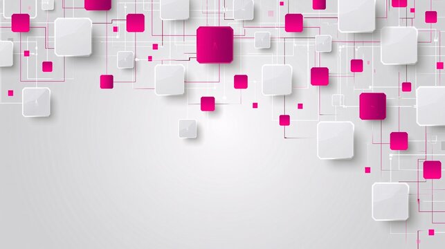 Abstract digital background featuring geometric white and magenta squares connected by thin lines.