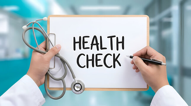 Doctor holding clipboard with health check text and stethoscope in hospital, medical exam concept
