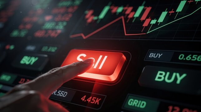 A hand presses a glowing red "Sell" button on a digital trading interface displaying buy and sell signals with candlestick charts.
