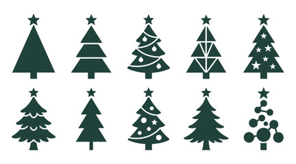 Obraz premium Christmas tree silhouette icon set. Minimalist dark green fir tree shapes with stars and ornaments. Vector flat illustration for holiday design.