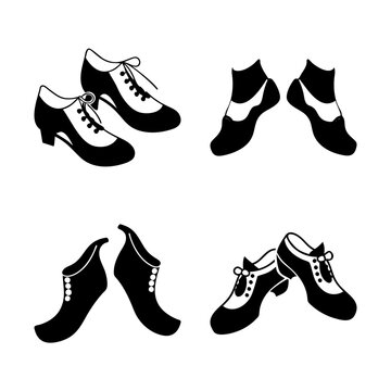 Four black and white dancing shoes illustration - A clean, stylized vector illustration of four pairs of black and white dancing shoes arranged neatly, perfect for dance or fashion stock needs.