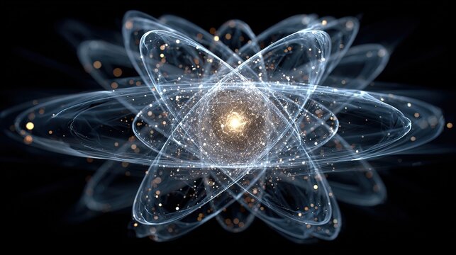 Futuristic Atomic Model Illustration with Glowing Nucleus.