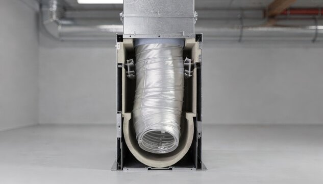 Minisplit systems ducted connection presented with noise dampening baffles midframe clear view surrounding environment gently blurred.