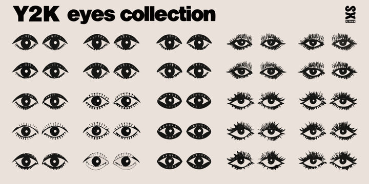 A collection of black and white eye illustrations in a y2k grunge style arrangement eyes