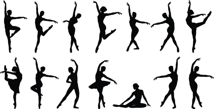 Ballerina dancing woman ballet dancer poses silhouette set black shape vector graphic element isolated on white background