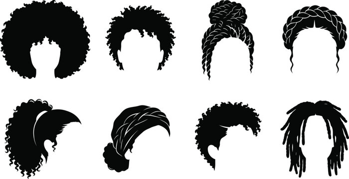 Afro hair dreadlocks braids and curly hairstyles silhouette vector set graphic element collection isolated on white background