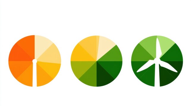 Three pie chart icons display future energy mix trends with a shift from orange to green colors, showing growing renewable energy share.