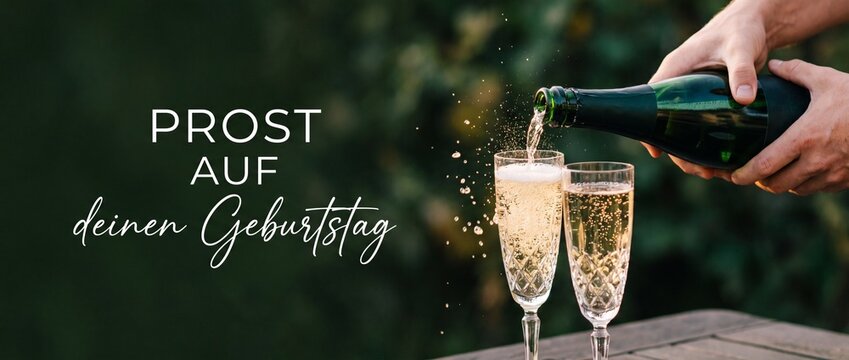 Champagne pouring into crystal glasses for a German birthday celebration with text Prost auf deinen Geburtstag, outdoor garden party banner with sparkling wine splashes and bokeh lights background.