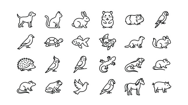 Minimalist pet animal line icons, set of 24 black outline vector symbols, domestic pet shop and veterinary clinic graphics for web design