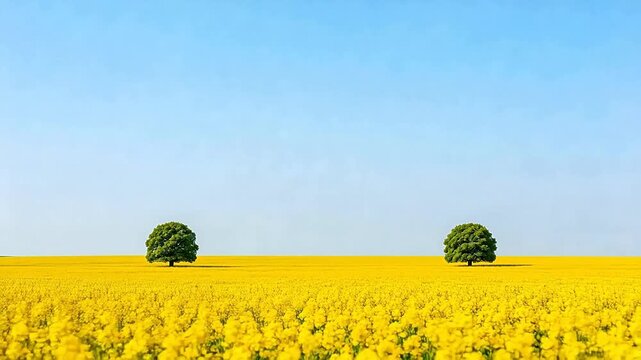 Yellow flower field with two trees