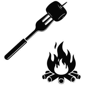 Marshmallow roasting on fork over campfire silhouette illustration vector line art design.