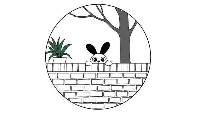 Rabbit behind brick wall vector illustration in circular