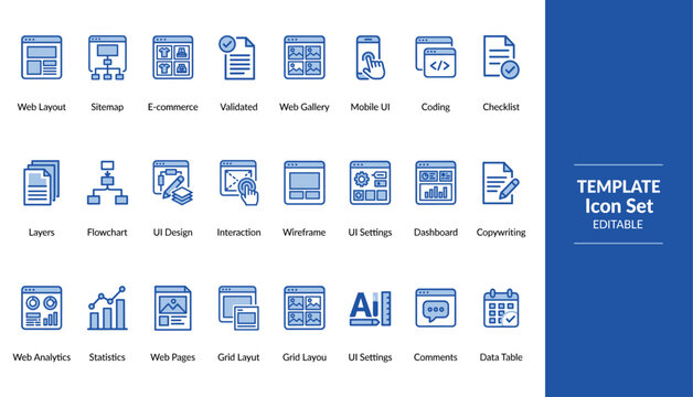 Website design and web development icon set editable flat vector collection with UI UX dashboard analytics and coding symbols