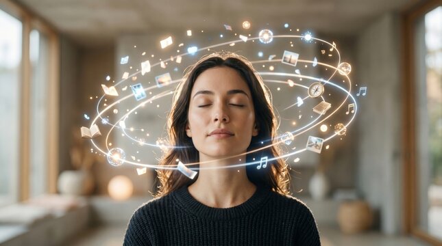 Woman meditating with holographic rings of digital icons orbiting her head. Mindfulness and mental focus concept, futuristic technology representation of thoughts, memory and information flow.