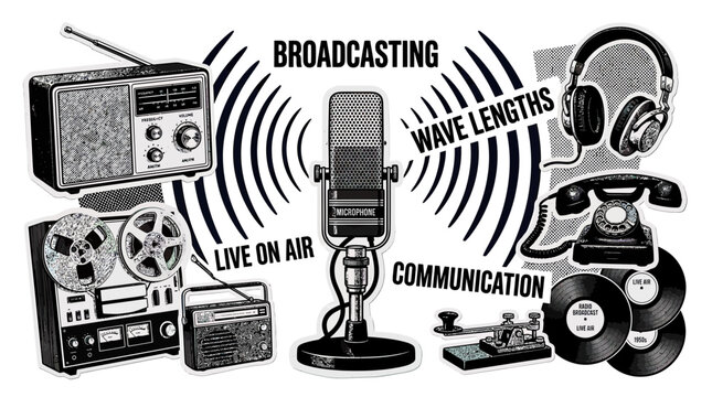 Vintage Broadcasting and Communication Technology Collage - Radio, Microphone, Headphones