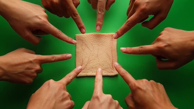 Group of hands pointing fingers at a central square on green background.