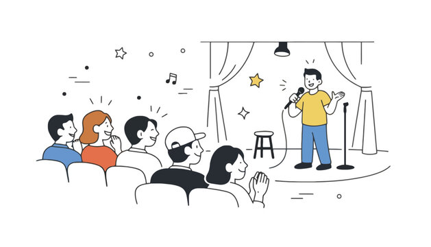 Stand-up comedy performance illustration with audience, comedian