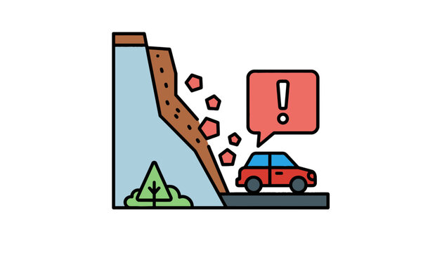 Landslide hazard warning illustration with car landslide rockfall