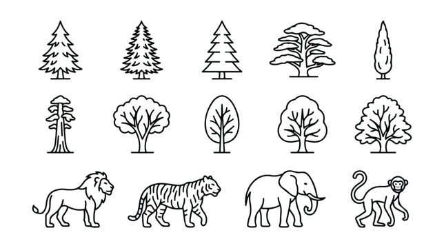 Minimalist wild animal and tree line icons, set of 14 nature vector elements, black outline forest and safari wildlife symbols for logo design