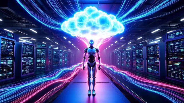 Cyborg in server room with cloud tech