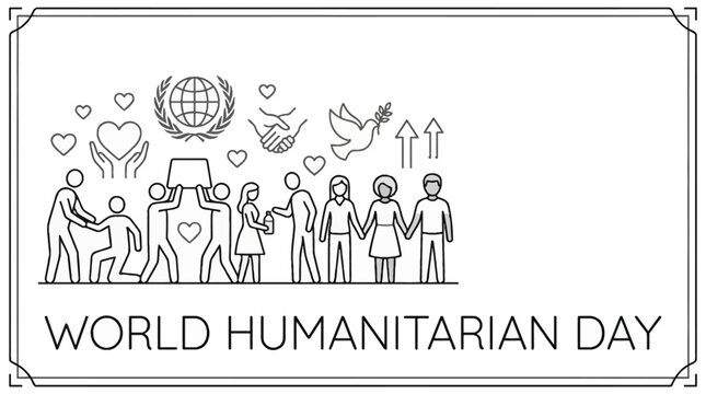 World Humanitarian Day line art illustration with people helping each other.