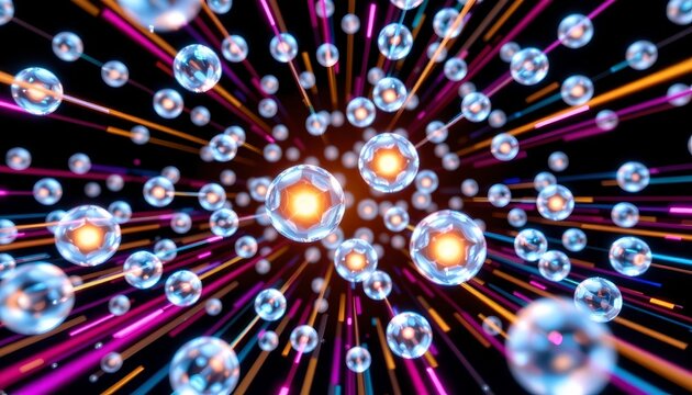 Futuristic Network Glowing Crystalline Spheres Space