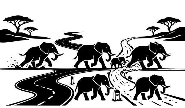 African elephant family walking across savanna landscape silhouette vector illustration