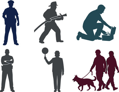 Emergency Service and Public Safety Worker Silhouette Collection with Firefighter Technician Traffic Officer and Dog Walker Vector Set